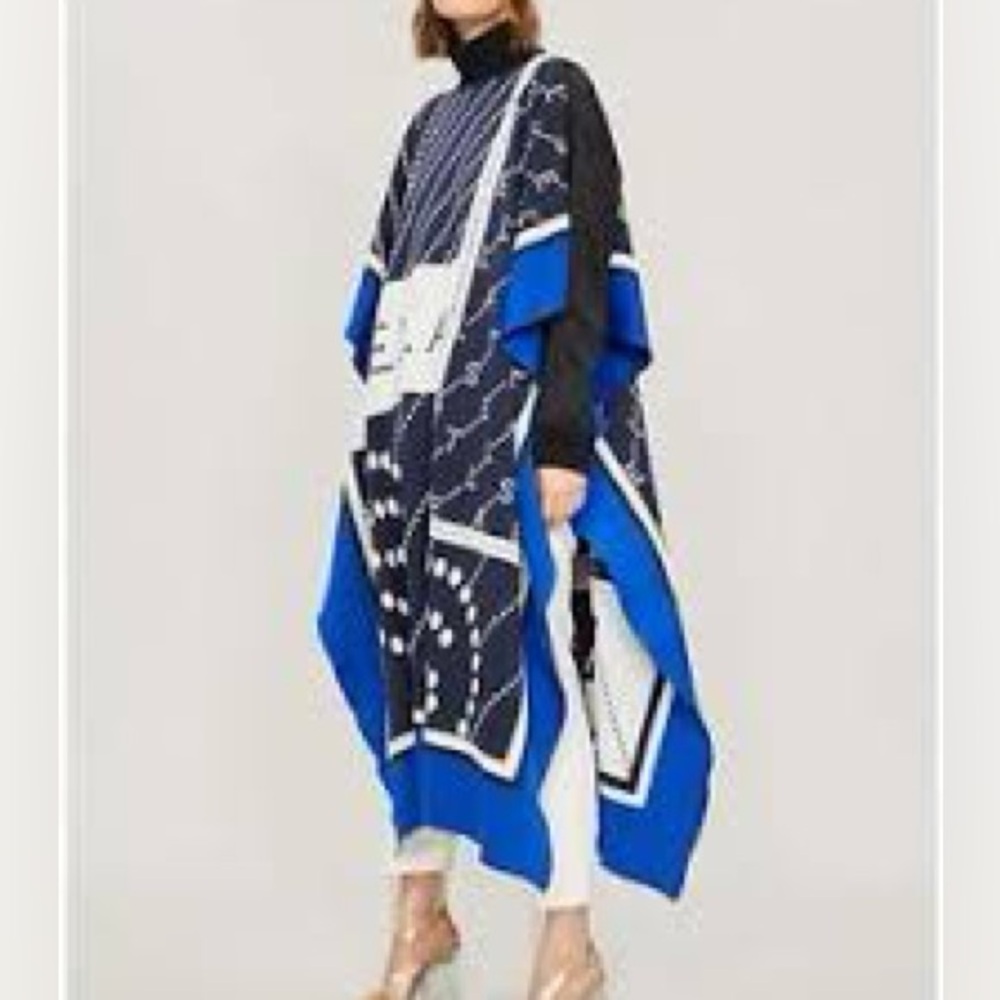 Stella McCartney navy blue logo intarsia knit long poncho